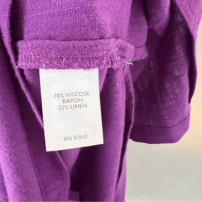 J.Jill Purple Button Front Linen Blend Midi Dress Puff Sleeve Size Large