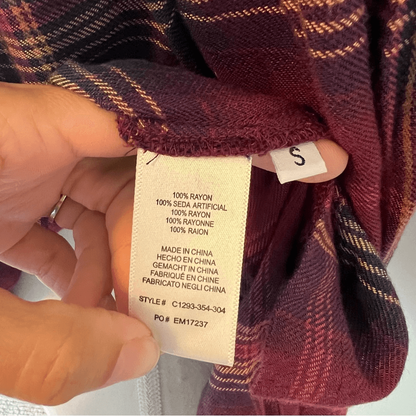 Anthropologie Cloth & Stone Homestead Plaid Off the Shoulder Top Small Burgundy