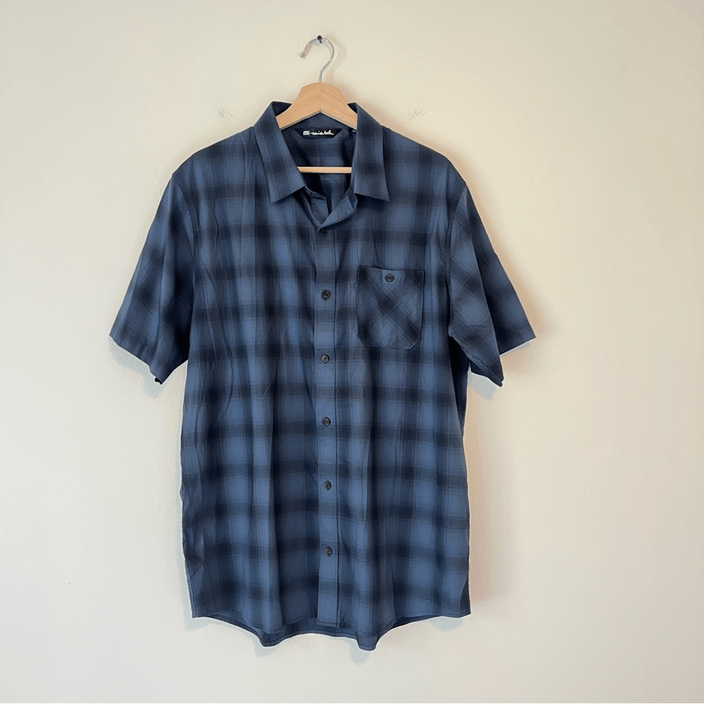 Travis Mathew Mens Short Sleeve Button Up Shirt Blue Check Print Size XL
