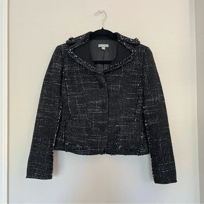 Ann Taylor Wool Blend Tweed Black Fringed Blazer Jacket Size 2 Petites