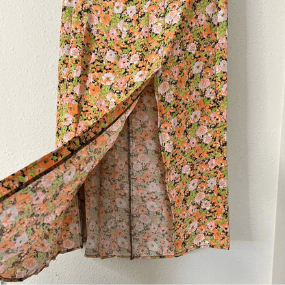 Open Edit Pleated Midi Skirt Orange Multi Meadow Floral Size Medium