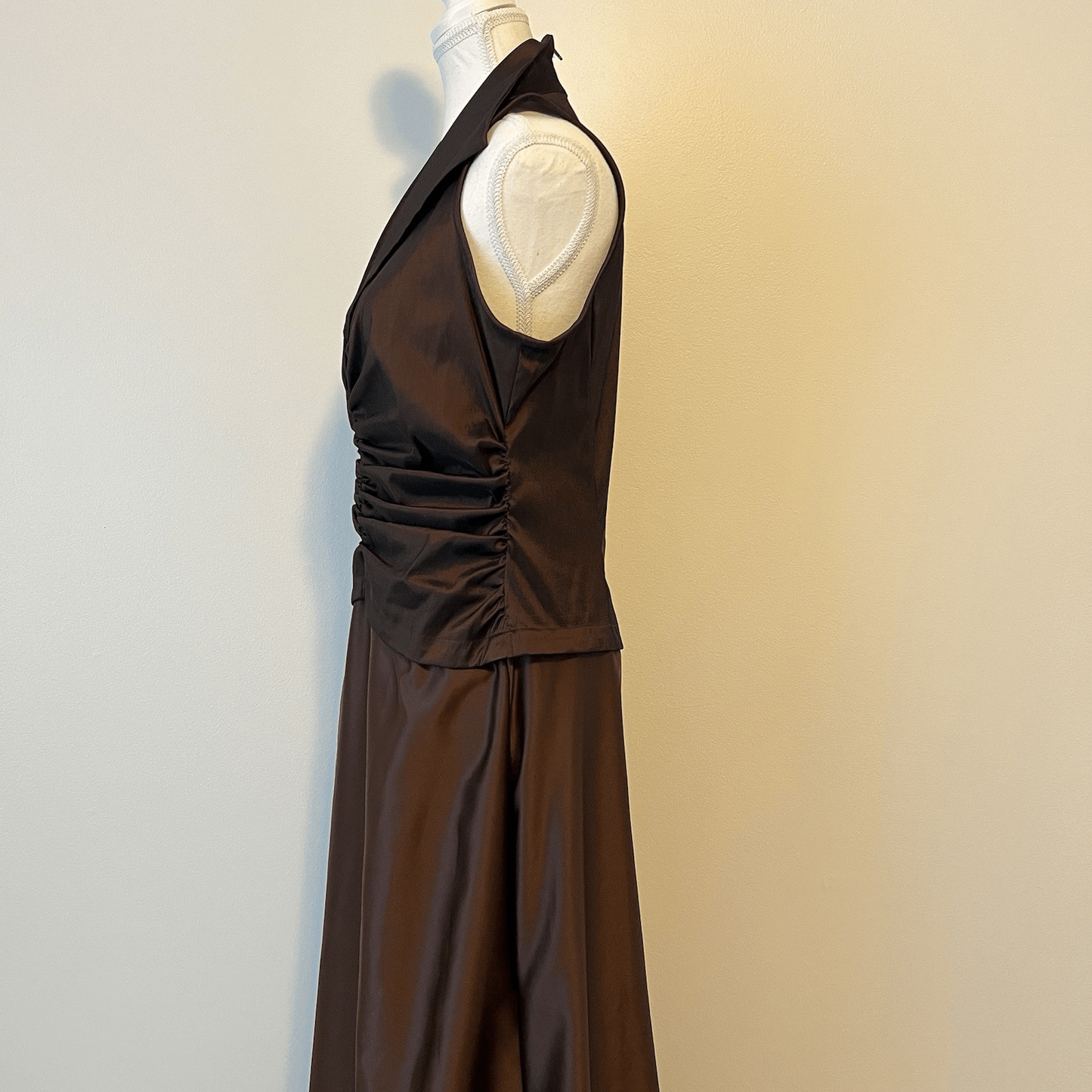 Tadashi Vintage Ruched Taffeta Gown  Chocolate Brown Maxi Size 12 Wedding Goth