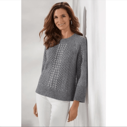 Soft Surroundings Noemi Pearl Cable Knit Sweater Crewneck Gray Size Small