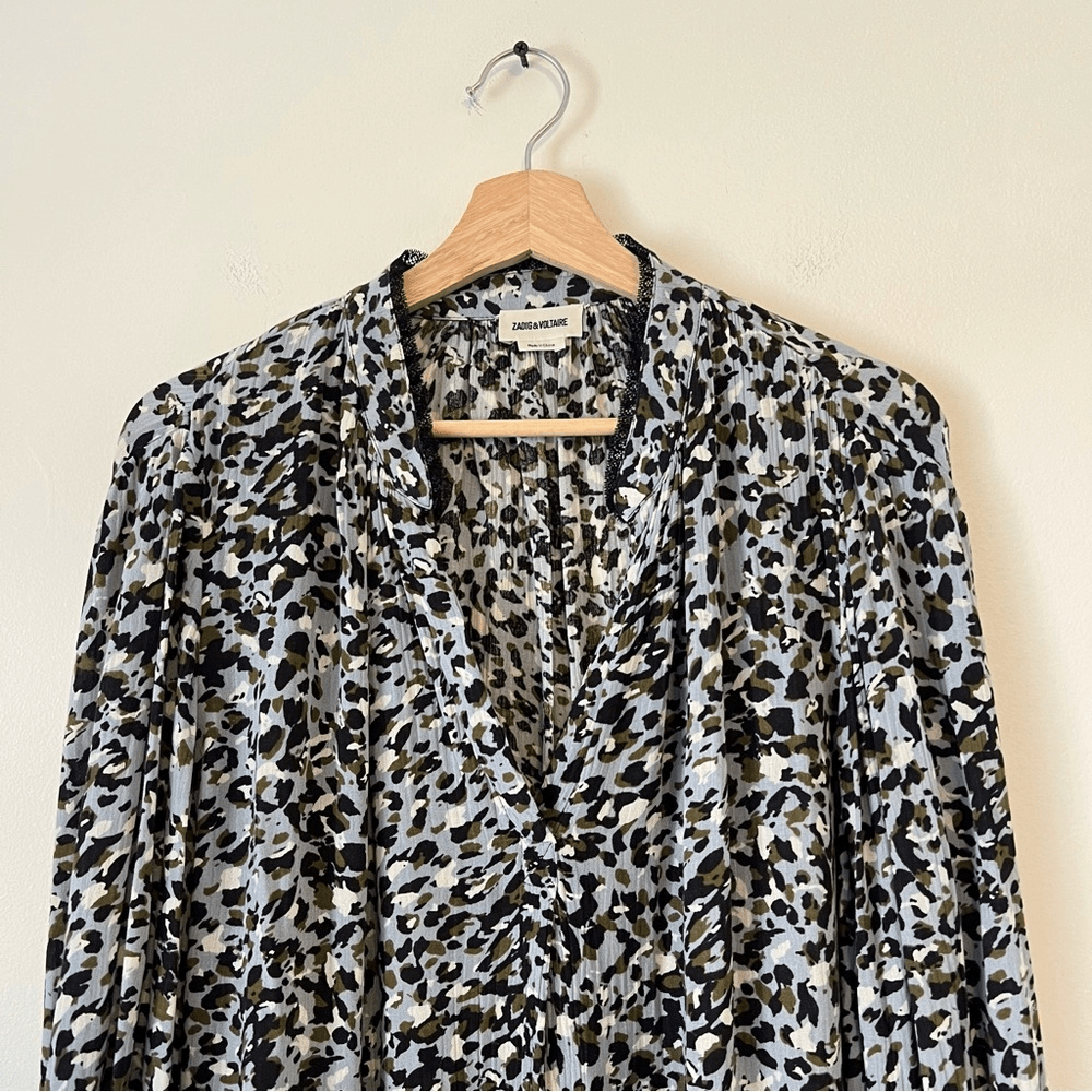 Zadig & Voltaire Tink Leo Crinkle Lace Collar Blouse Size Medium Long Sleeve