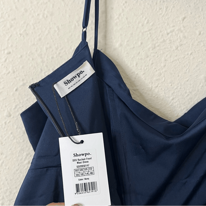 Showpo Lieselotte Midi Dress Ruched Front Split Cowl Neck Satin NEW Navy Blue 14