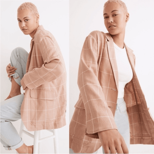 Madewell Breezewoven Larsen Linen Blazer Windowpane Plaid Sandstone Beige / Tan