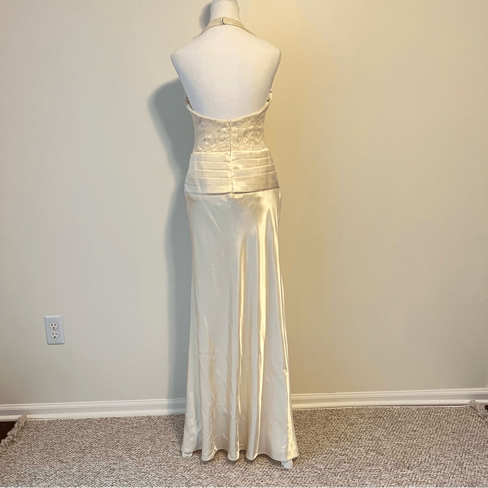 Vintage Butter Yellow Y2K Lace Satin Halter Maxi Dress Size 10