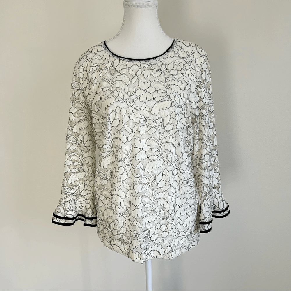 KARL LAGERFELD Paris Floral Lace Overlay Blouse Bell Sleeve NEW Size Medium
