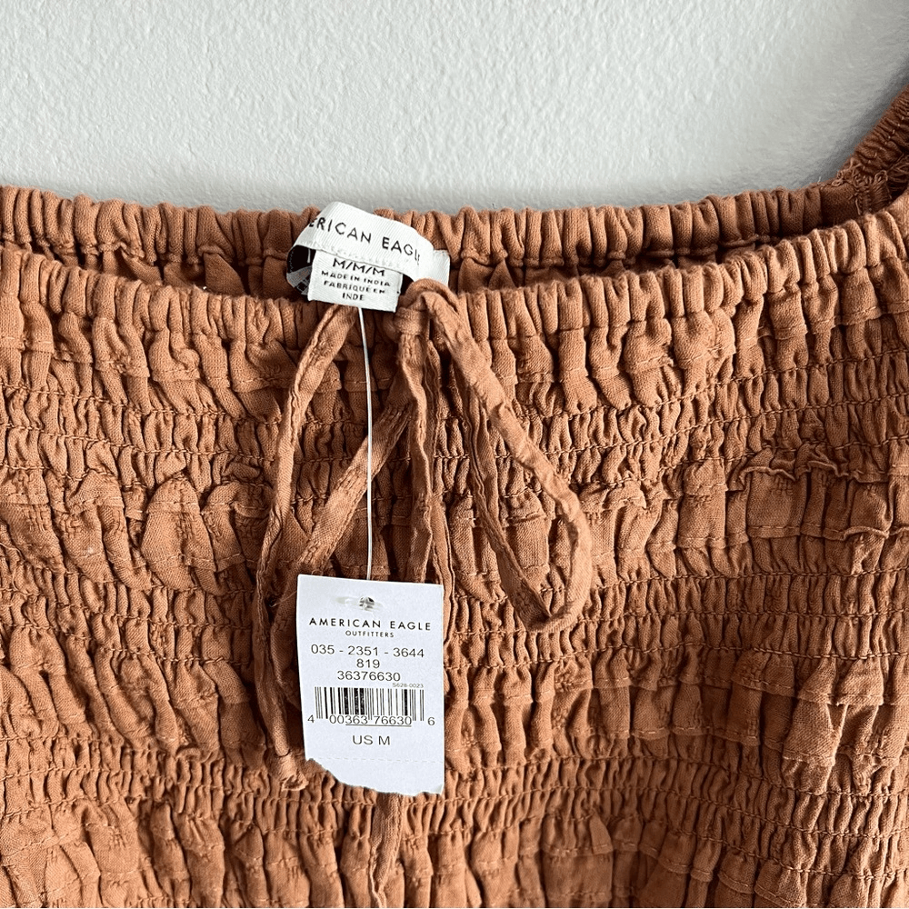 American Eagle Smocked Blouse NEW Brown Puff Long Sleeve Size Medium Square Neck