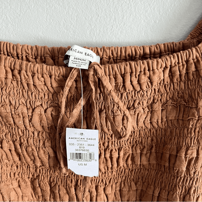 American Eagle Smocked Blouse NEW Brown Puff Long Sleeve Size Medium Square Neck