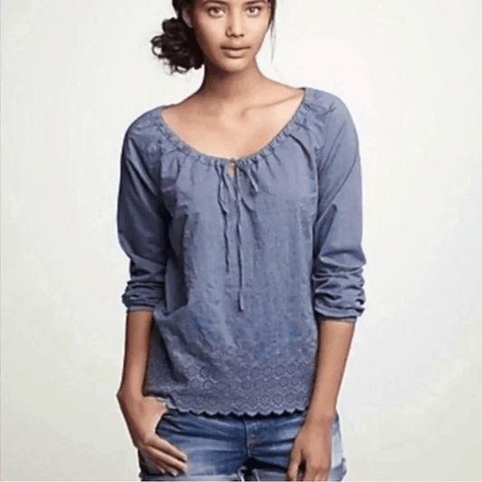 J. Crew Peasant Chambray Long Sleeves Eyelet Blouse Top Size 6 Long Sleeve
