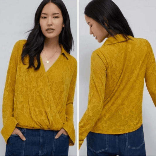 Anthropologie Maeve Lydia Gold Floral Burnout Wrap Blouse NEW Size Medium