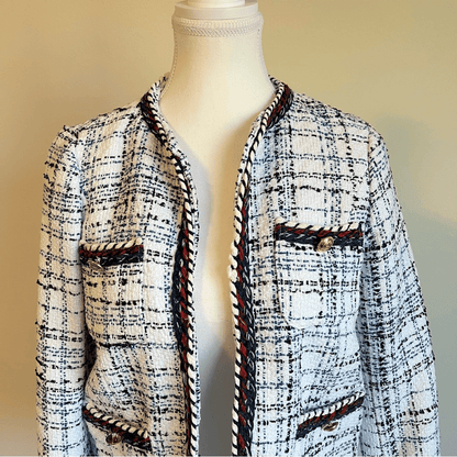 ZARA Textured Tweed Blazer Size Small White, Red, Blue Collarless Open Front