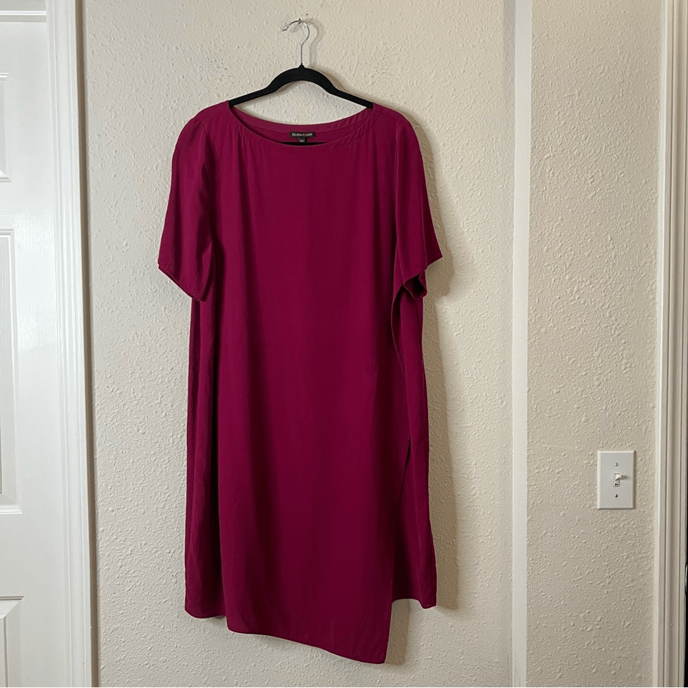 Eileen Fisher Asymmetrical Silk Shift Dress in Dark Fuschia Size Large