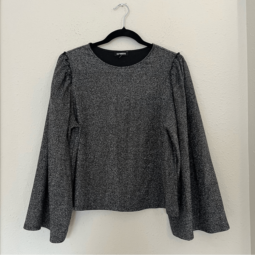 Express Sparkling Silver Metallic Bell Puff Sleeve Blouse Top Size Medium