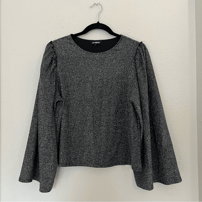 Express Sparkling Silver Metallic Bell Puff Sleeve Blouse Top Size Medium
