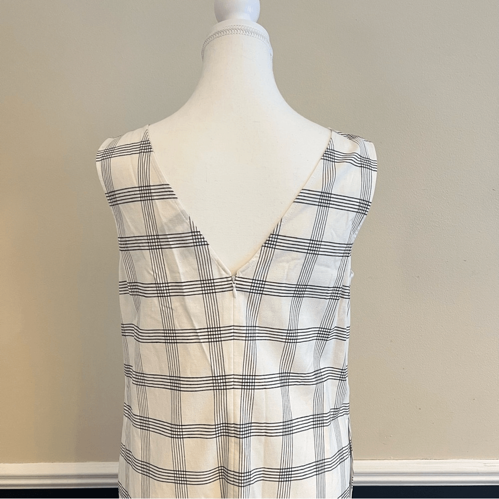 Theory Deep V Linen Blend Spring Plaid Midi Dress Size Medium in Ivory