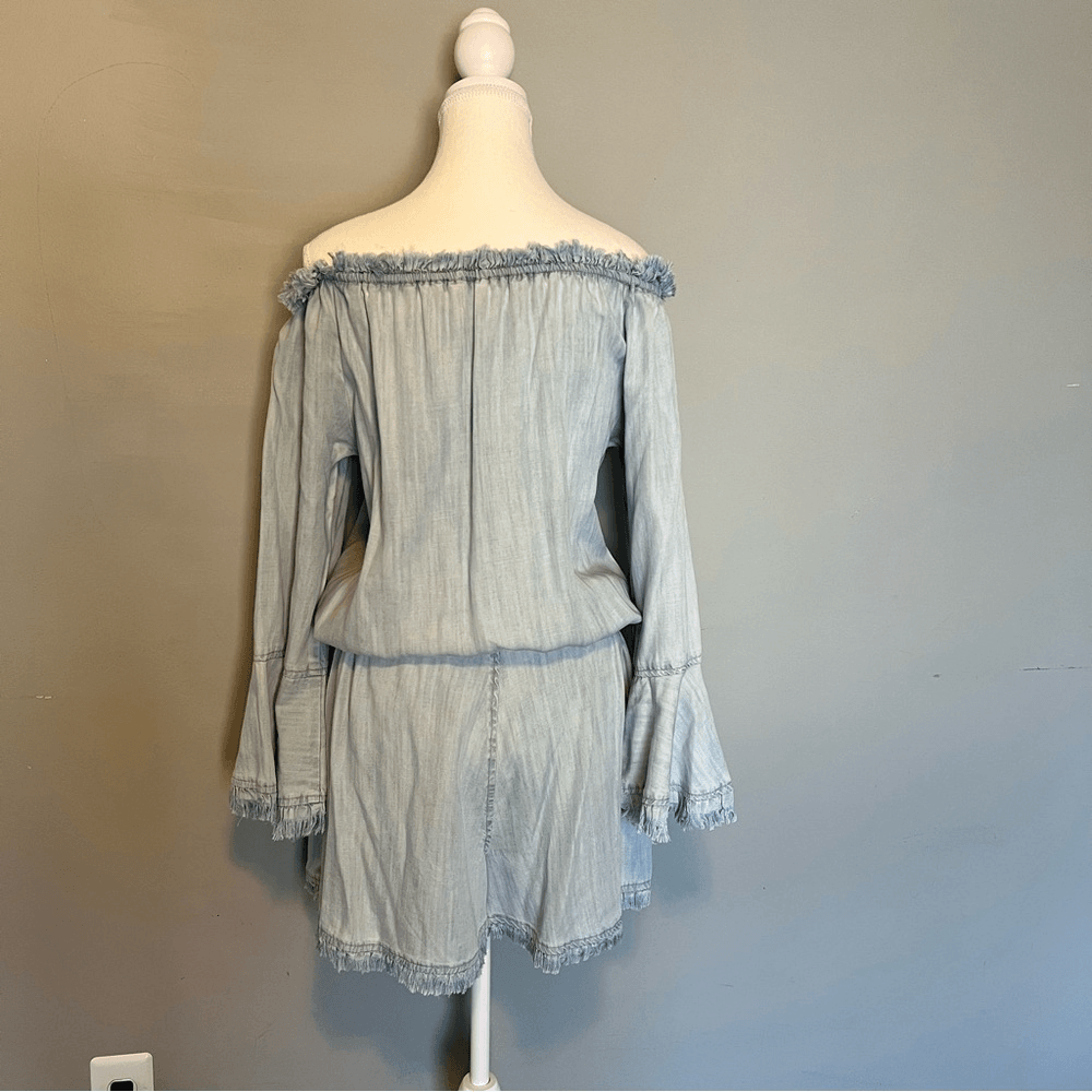 Ramy Brook Esie Chambray Romper Size XS Long Bell Sleeves Off the Shoulder