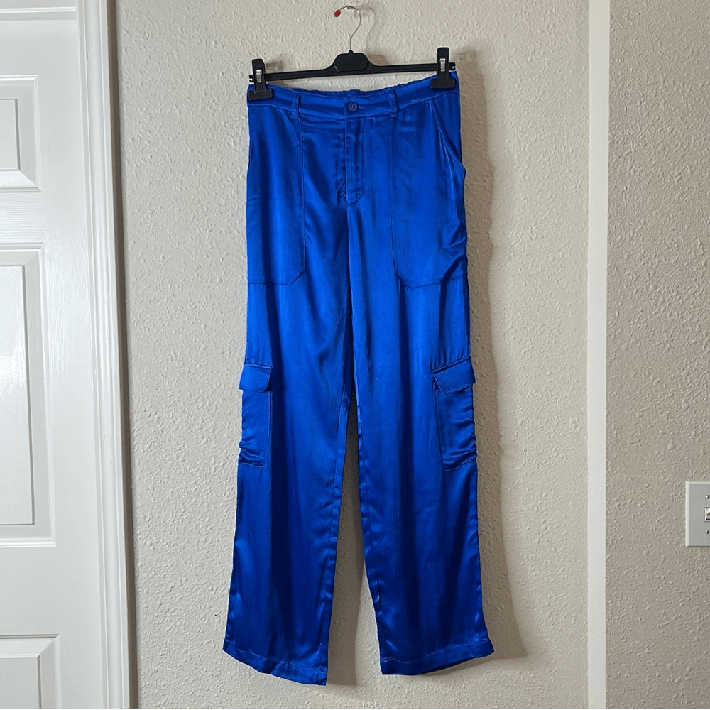 YFB Young Fabulous & Broke Satin Cargo Pants NEW Size Small in Royal Blue