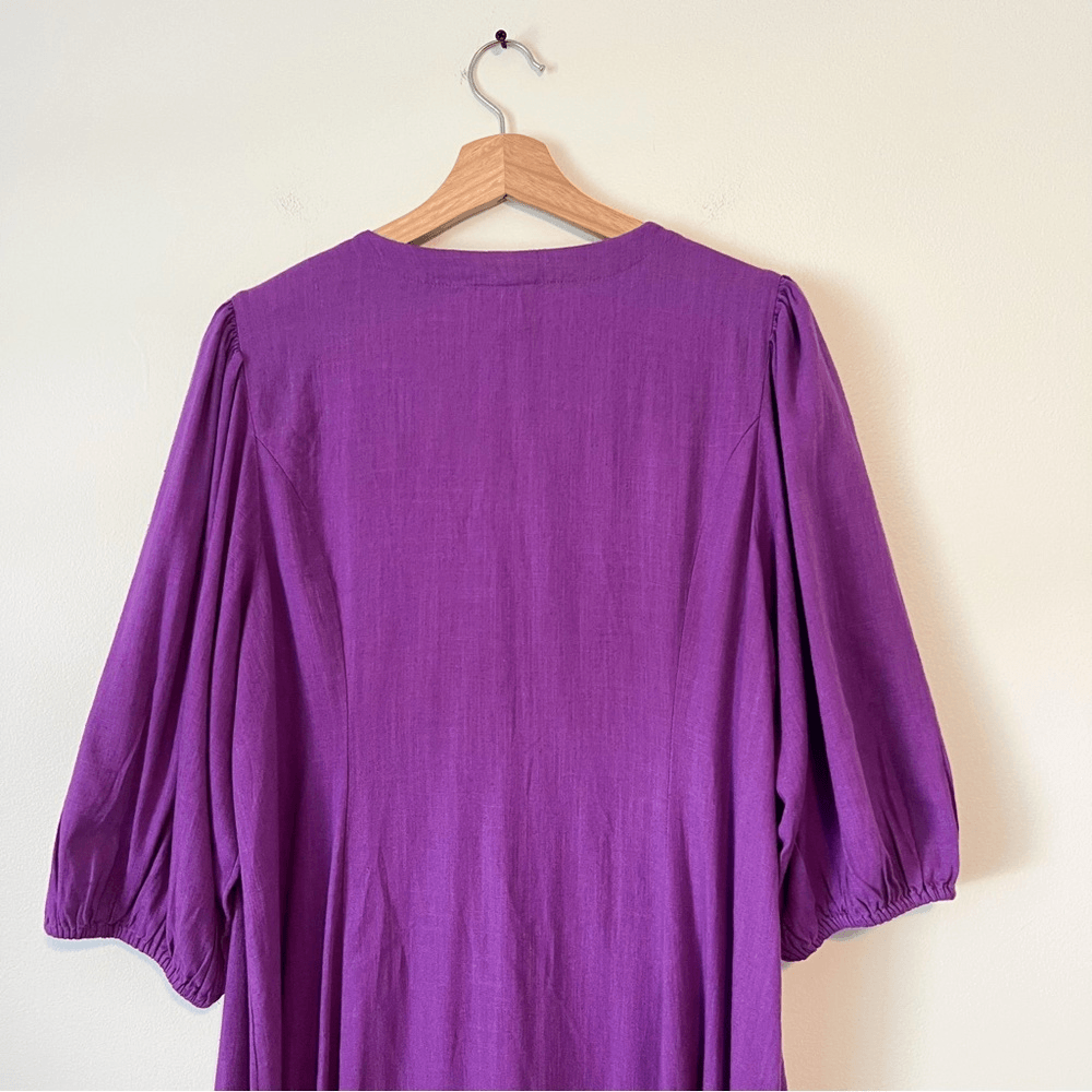 J.Jill Purple Button Front Linen Blend Midi Dress Puff Sleeve Size Large