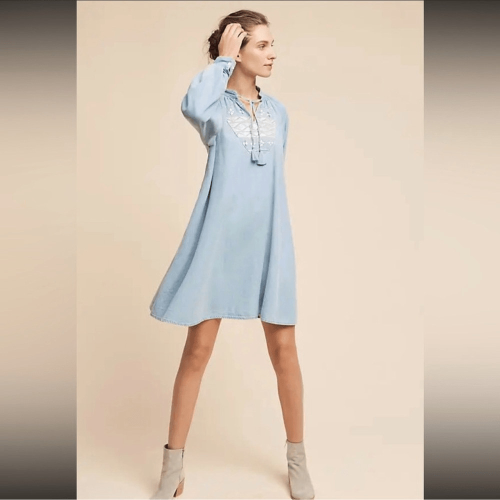 Anthropologie Ne Quittez Pas Denim Tassel Embroidered Swing Dress NEW Size M