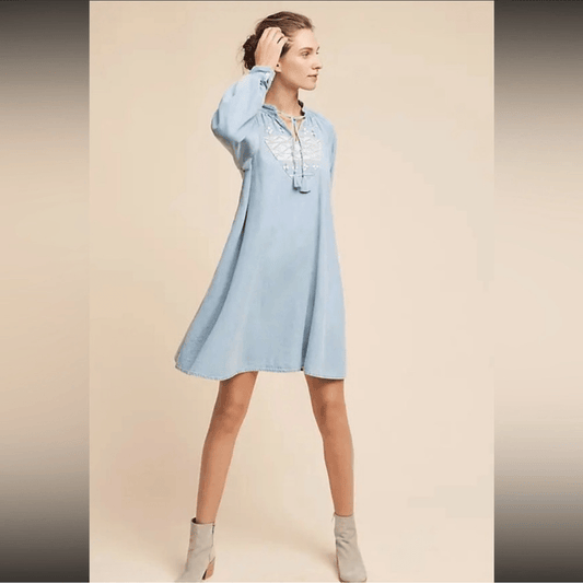 Anthropologie Ne Quittez Pas Denim Tassel Embroidered Swing Dress NEW Size M