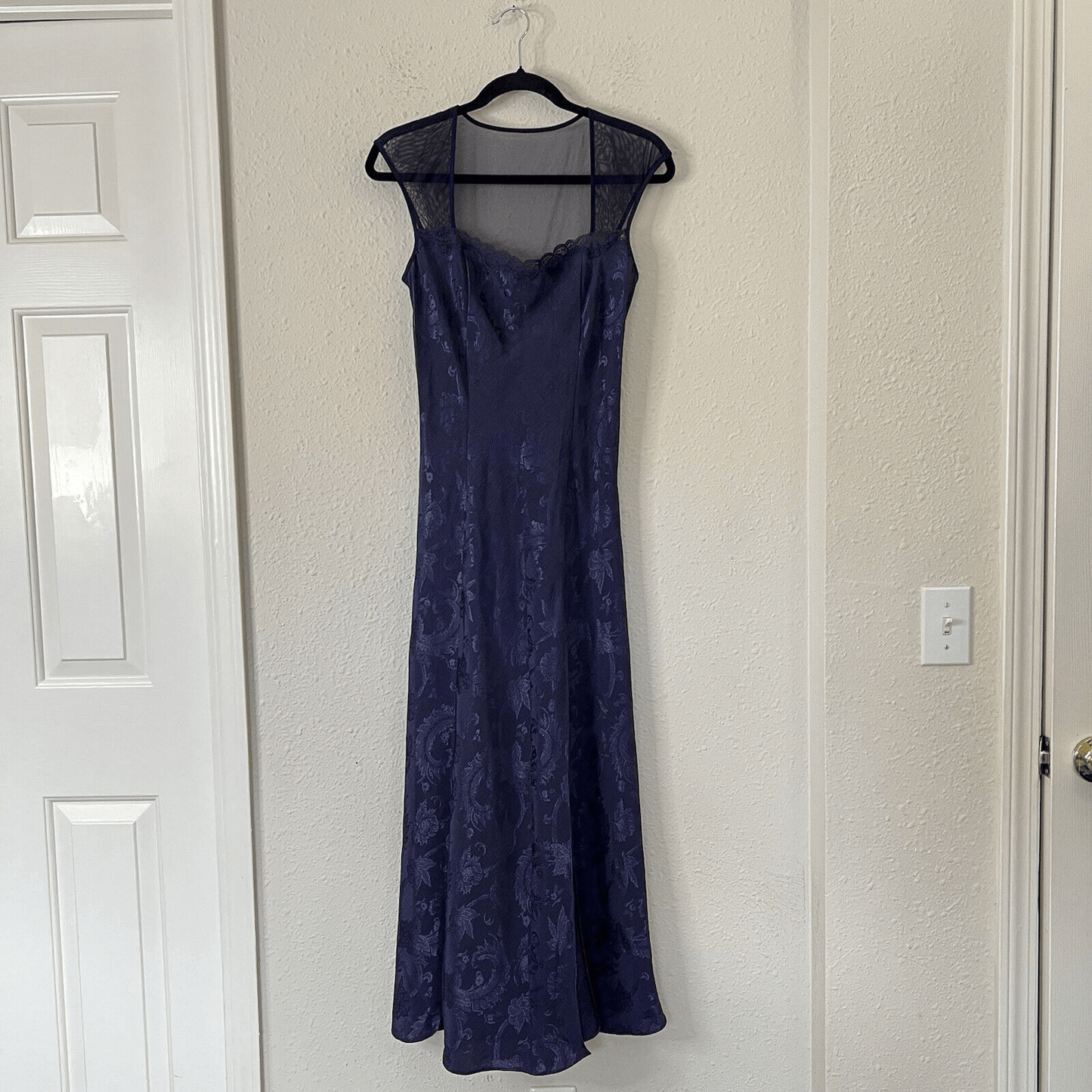 Vintage Gold Label Victoria’s Secret Navy Jacquard Satin Maxi Dress Goth Fairy M