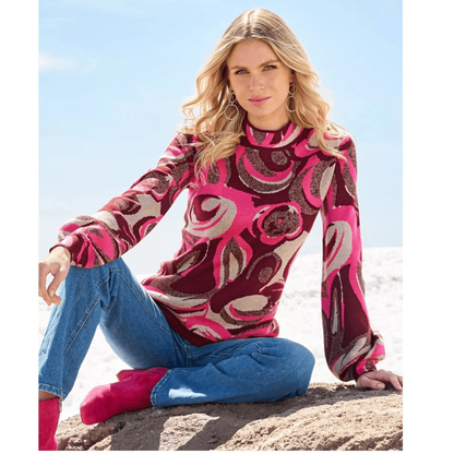 Boston Proper Jacquard Merino Wool Mock Neck Sweater Size L in Pink