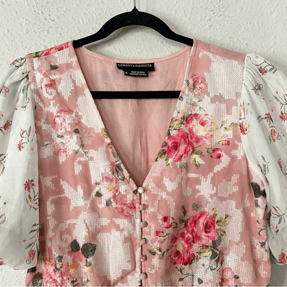 Hemant & Nandita Rose Garden Floral Boho Blouse Size Medium Peasant