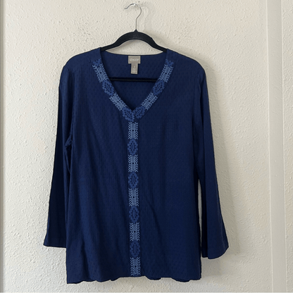 Chico's Trimmed Bell-Sleeve Popover Navy Blue Blouse Top Size 1, US Size Medium