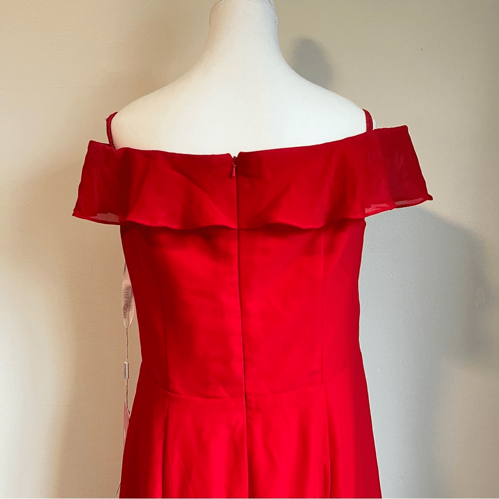 JJs House Red Off the Shoulder Sheath/Column Maxi Chiffon Bridesmaid Dress NEW