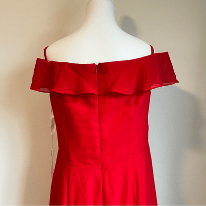 JJs House Red Off the Shoulder Sheath/Column Maxi Chiffon Bridesmaid Dress NEW