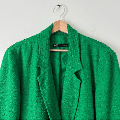 Zara Tweed Oversized Blazer Textured Double Breasted Size Large in Green Blogger