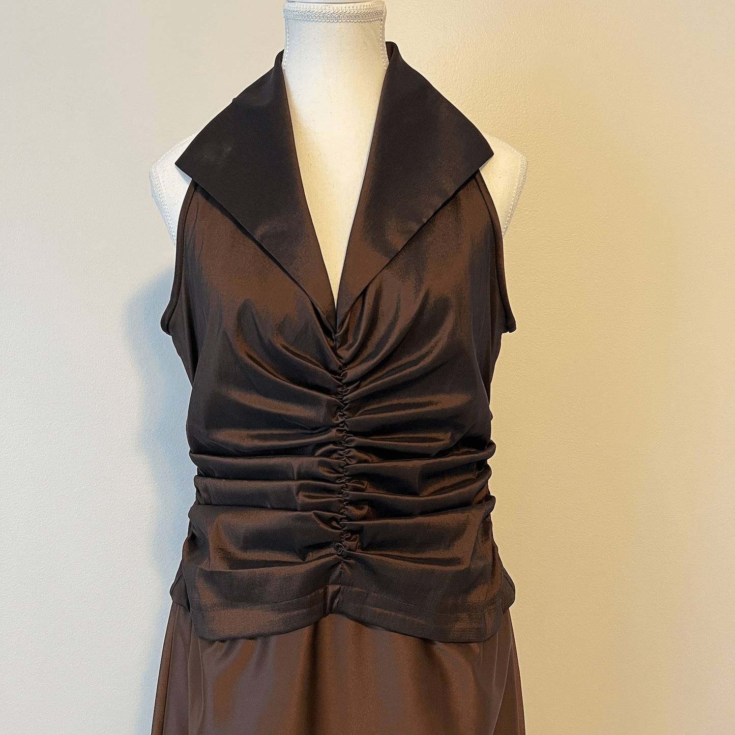 Tadashi Vintage Ruched Taffeta Gown  Chocolate Brown Maxi Size 12 Wedding Goth