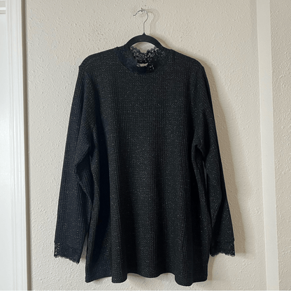 LOGO Lori Goldstein Black Metallic Waffle Knit Lace Top Pockets Stretchy Size 2X