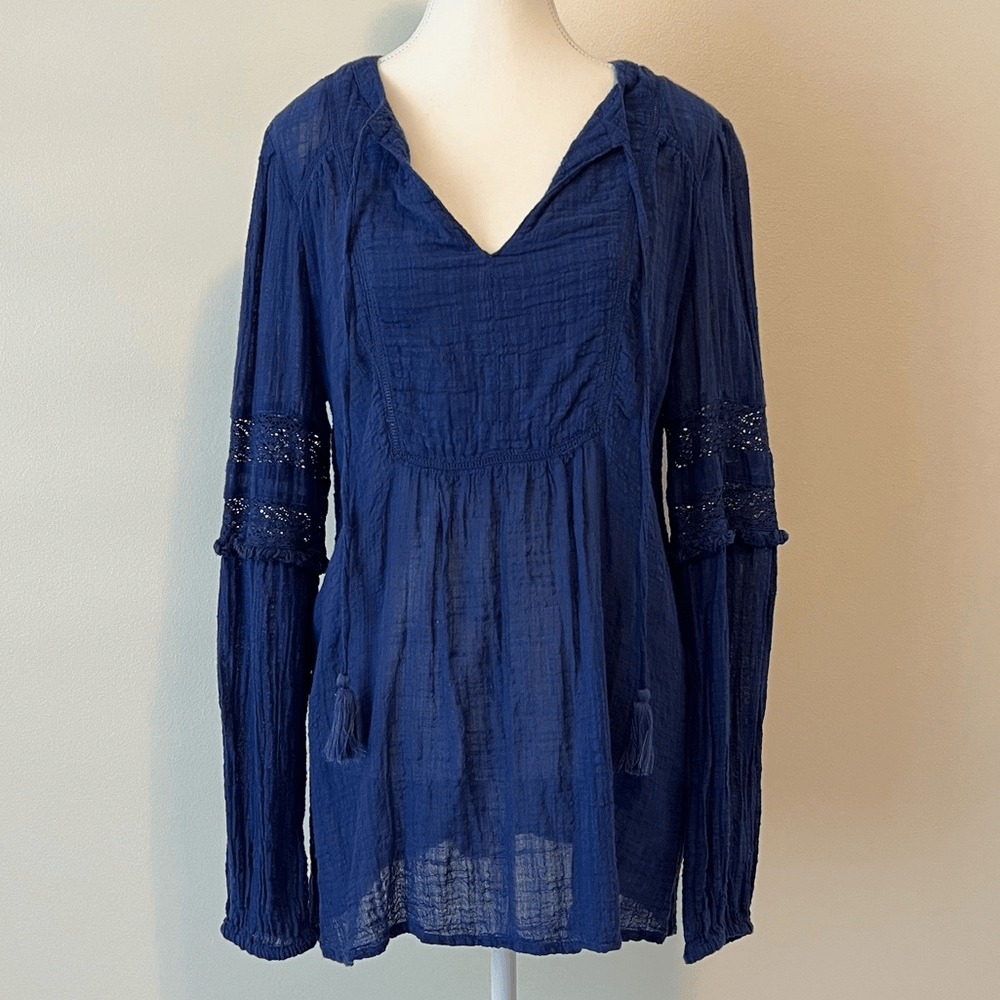 Sundance Gypsette Long Sleeve Crinkle Gauze Blouse in Blue Size Medium Tassel