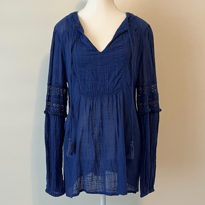 Sundance Gypsette Long Sleeve Crinkle Gauze Blouse in Blue Size Medium Tassel