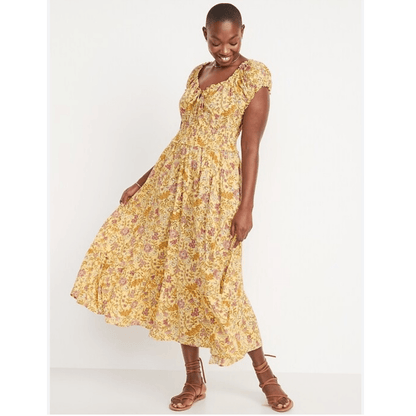 Old Navy Waist-Defined Short-Sleeve Printed Midi Dress in Yellow Floral NEW 2X
