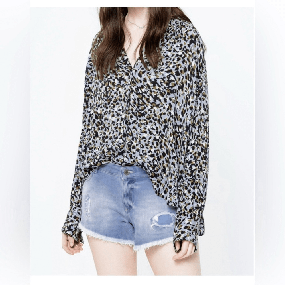 Zadig & Voltaire Tink Leo Crinkle Lace Collar Blouse Size Medium Long Sleeve