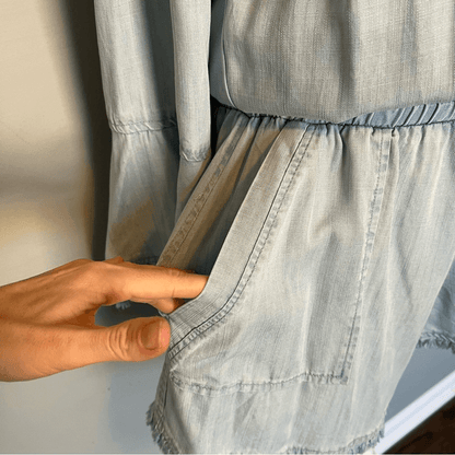 Ramy Brook Esie Chambray Romper Size XS Long Bell Sleeves Off the Shoulder