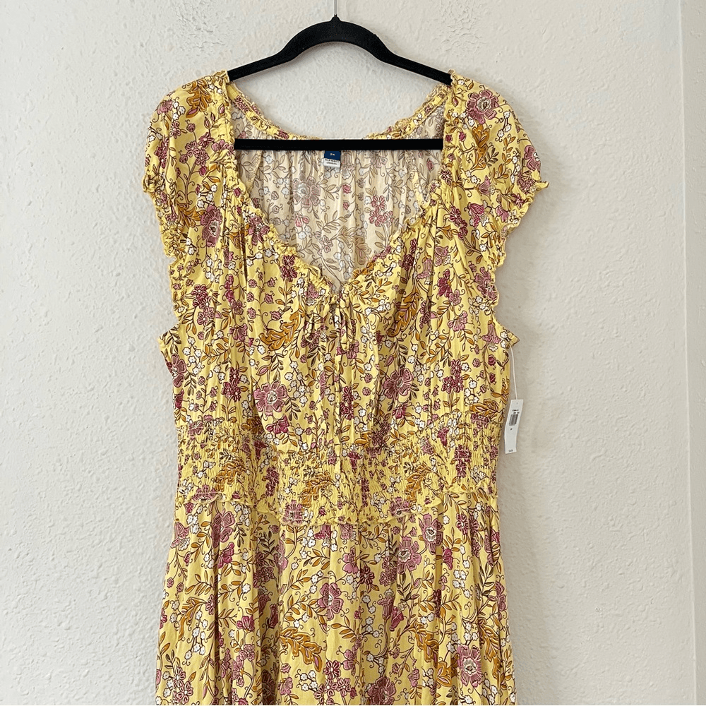 Old Navy Waist-Defined Short-Sleeve Printed Midi Dress in Yellow Floral NEW 2X