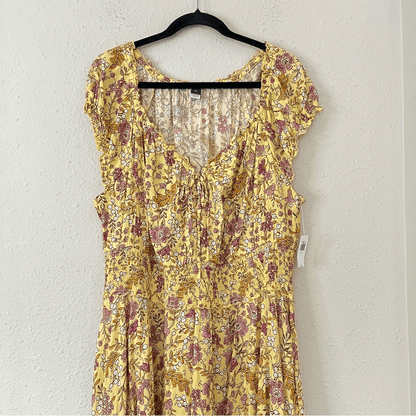 Old Navy Waist-Defined Short-Sleeve Printed Midi Dress in Yellow Floral NEW 2X