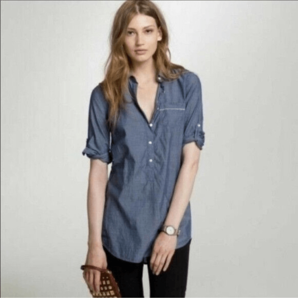 J. Crew Chambray Convertible Sleeve Cotton Half Button Down Shirt Size Small