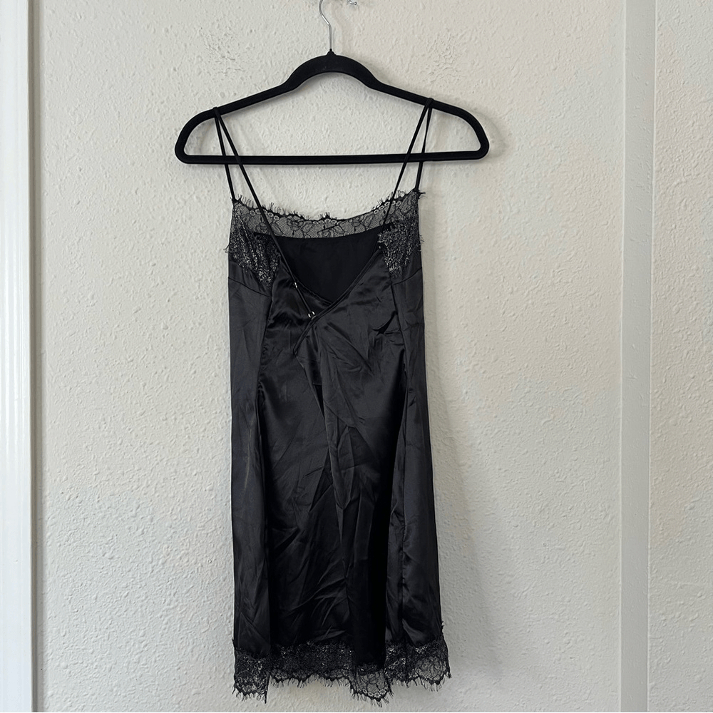 Meshki Satin Lace Trim Black Slip Mini Dress NEW Size Large