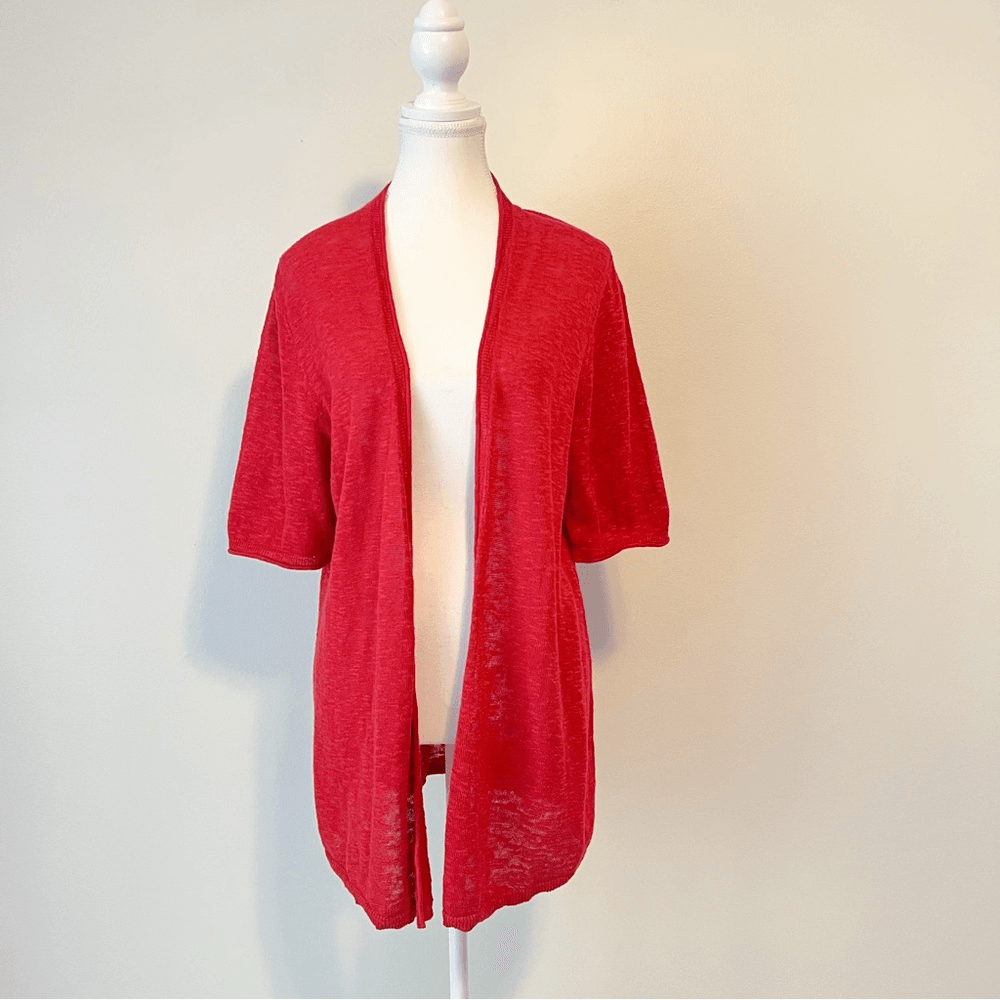 J. Jill Red Linen Blend Short Sleeve Lightweight Open Front Knit Cardigan Medium