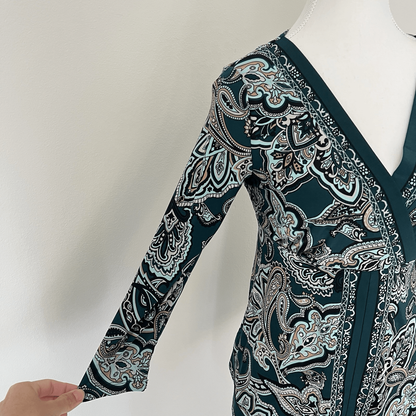 INC International Concepts Paisley Babydoll 3/4 sleeve top Forest Fairy Y2K Sz M