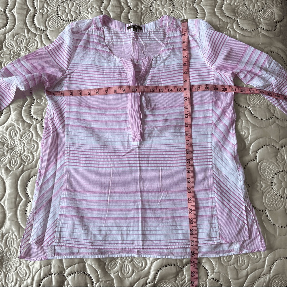 NYDJ Regatta Stripe Split Neck 3/4 Sleeves Cotton Tunic Size Small