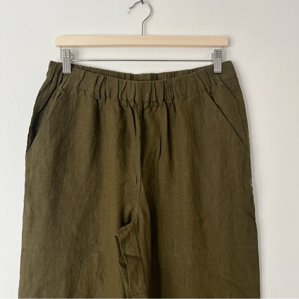 Quince 100% European Linen Cropped Pants NEW Size Medium Olive Green Pull on