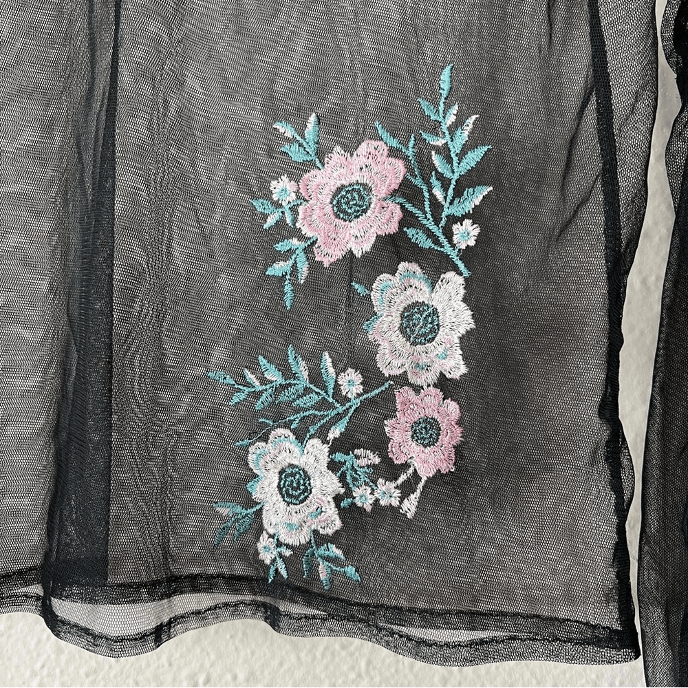 Embroidered Black Tulle Mesh Y2K Top Long Bell Sleeves 90s