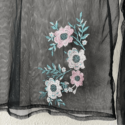Embroidered Black Tulle Mesh Y2K Top Long Bell Sleeves 90s